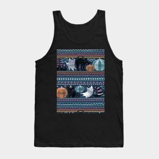 Embroidery Halloween // black cats orange and teal pumpkins white ghosts and purple stitches on teal background Tank Top